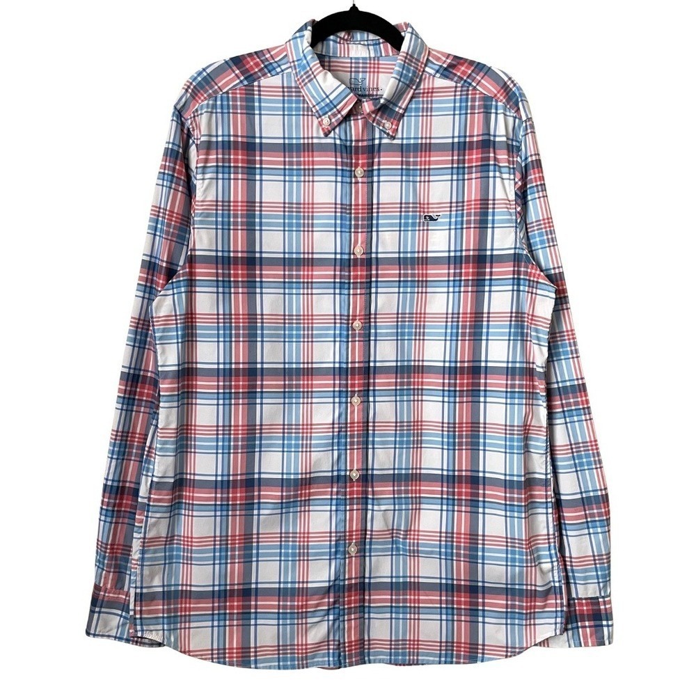 Vineyard Vines Shirt Mens Medium Performance Classic Fit Whale Plaid Button Down